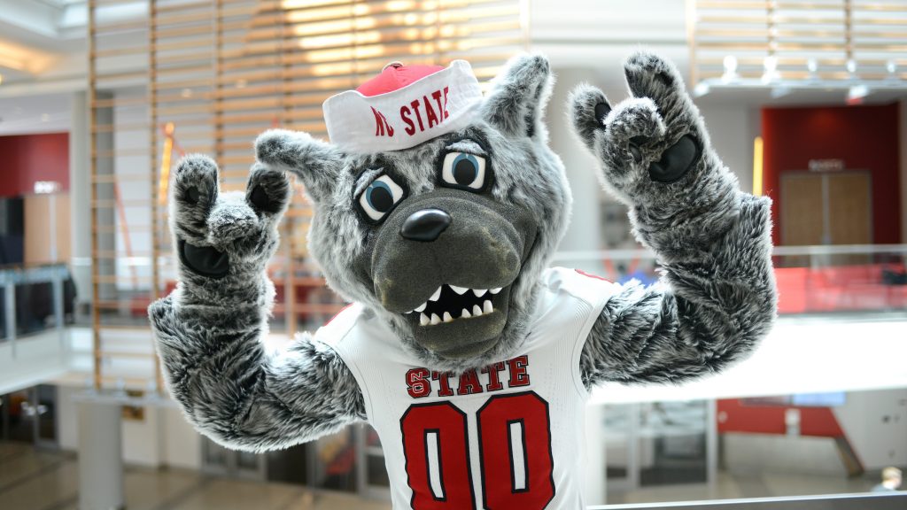Mr. Wuf shows his school spirit in the Talley Student Union. Photo by Marc Hall
