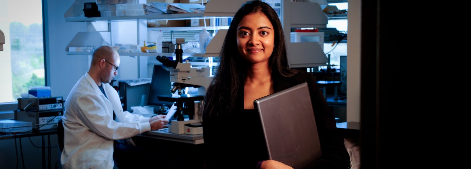 Biomedical engineering PH.D. graduate student Vindhya Kunduru in a biomedical engineering lab at EBIII. When Vindhya Kunduru moved to Raleigh, she had no idea she was going to become an expert on Salmonella, bacterial infections and chickens. Now she's hoping to build a career on them.