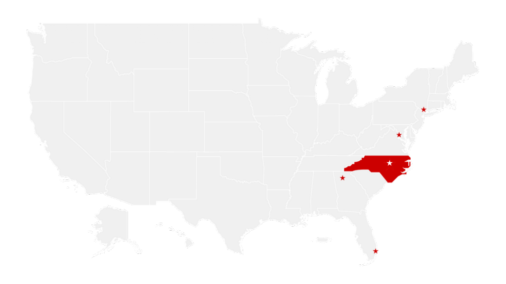 Map of U.S. with Raleigh, New York, Miami, Washington, D.C., and Atlanta marked. 