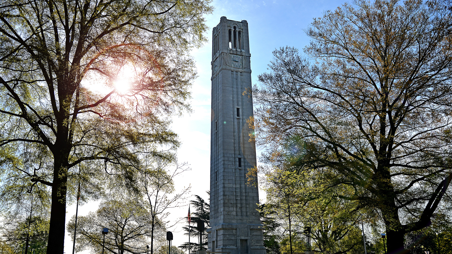 Spring morning sun illuminates the Memorial Belltower.